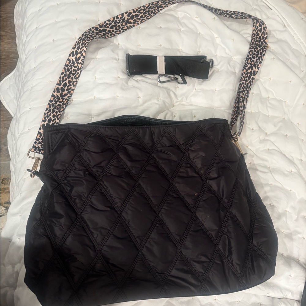 Black Quilted Women's Bag with leopard print or black guitar strap.
